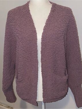 Women’s lavender Popcorn Knit Cardigan  Open Front Pocket Sweater Large
